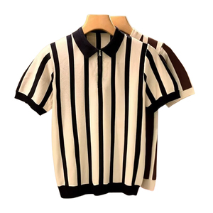 Populaire décontracté pull ample à manches courtes tricot hommes t-shirt été col rond rayé vertical tricot hommes Polo - Product Image 3