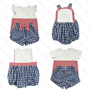 2024 pakaian anak-anak gingham navy 4 Juli pakaian 2 potong set pendek sesuai musim panas bayi laki-laki perempuan gelembung