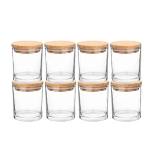 대나무 나무 금속 뚜껑이있는 10 온스 투명 유리 캔들 항아리 프리미엄 두꺼운베이스 다채로운 캔들 컵 준비 재고