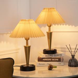 Modern Retro American Bedroom Solid Wood <b>Bedside</b> <b>Table</b> <b>Nordic</b> Ancient Reading Fabric Pleated Lighting Desk Lamp White Electric - Product Image 1
