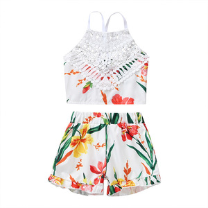 Hat Sale Fashion Sun Flower Printing <b>Fringed</b> Lace Kids Girl Clothes 2pcs Set - Product Image 2