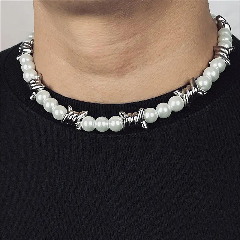 SC Fashion Stitching Thorns Chain Pearl Beaded Necklace Stainless Steel Necklace 2024 Trend Street Hip-hop Men Pearl Necklace