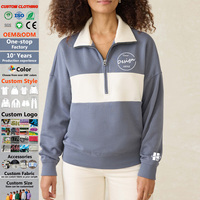 Sweater Wanita Fleece Lembut Model Quarter Zip Warna Blok OEM, Bordir Kustom Polos Bergaris, Pakaian Aktif