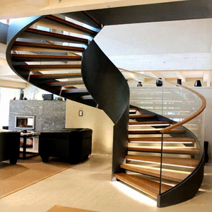 Escalera Interior Moderna <span class=keywords><strong>de</strong></span> Lujo Prima, Curva, con Peldaños <span class=keywords><strong>de</strong></span> <span class=keywords><strong>Madera</strong></span>, Barandillas <span class=keywords><strong>de</strong></span> Vidrio, Estilo Americano, <span class=keywords><strong>Escaleras</strong></span> <span class=keywords><strong>de</strong></span> <span class=keywords><strong>Madera</strong></span> Maciza - Product Image 1