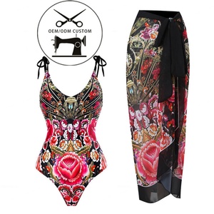 Traje de Baño Personalizado con Estampado Floral, Traje de Baño de Una Pieza con Cuello en V, Traje de Baño con Lazo en la Espalda, Monokini con Falda, Bikini de Tiras para Mujer - Product Image 1