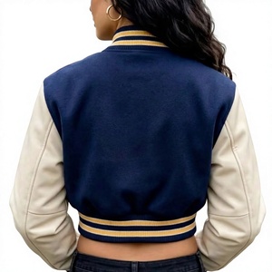 Veste universitaire d'hiver réversible imperméable pour femme, en tissu de laine bleu marine avec manches en similicuir, style streetwear décontracté - Product Image 3