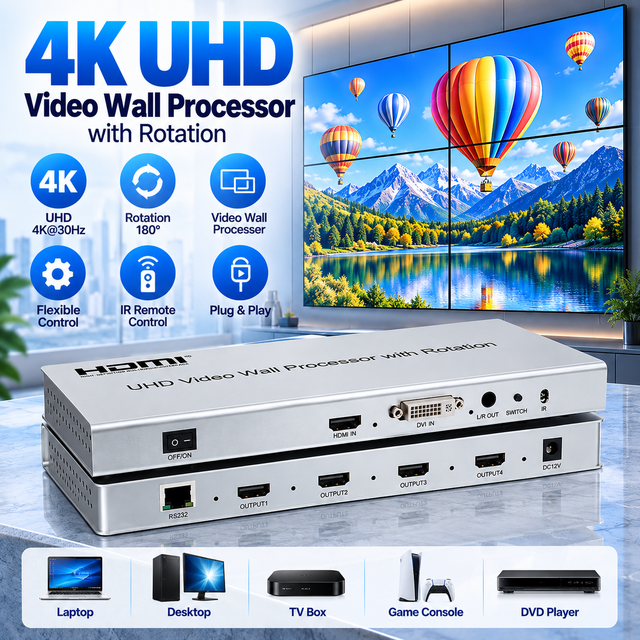 4K UHD Video Wall Processor With Image Rotation HDMI DVI Input Supports 4K30Hz Input 1080P60Hz Output Multiple Seamless Splicing