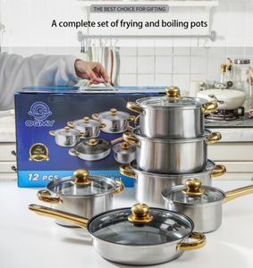 Juego de utensilios de cocina de diseño clásico de acero inoxidable de 12 piezas, tapas de vidrio, <span class=keywords><strong>estufa</strong></span> de <span class=keywords><strong>Gas</strong></span> Compatible con olla de leche, olla para sopa, sartén - Product Image 3