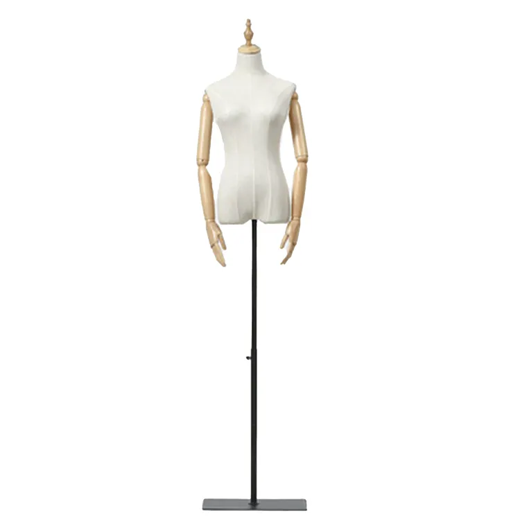 Manequins de plástico com base quadrada de ferro para mulheres, vestido de braços de madeira com meio corpo, moda boutique personalizada