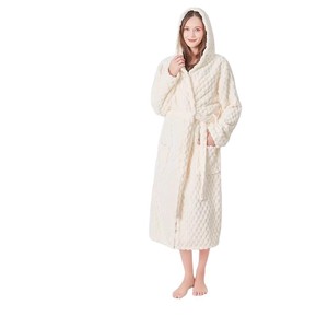 Albornoz con estampado de nubes para mujer, forro polar grueso con capucha, bolsillo y cinturón para uso en el hogar y spa, blanco, azul, rosa - Product Image 2