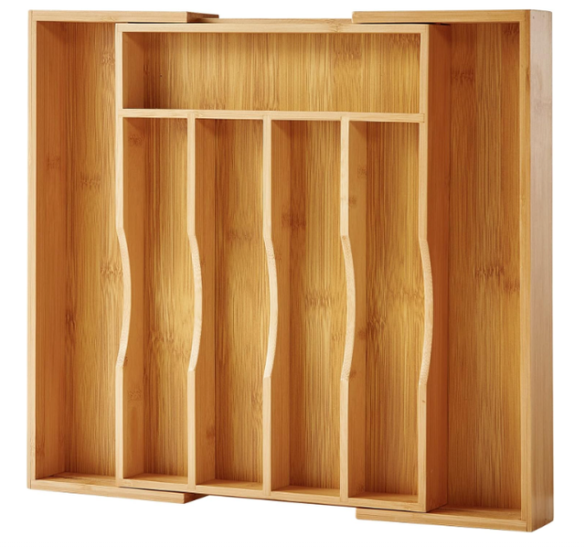 Double Tiers Bamboo Caddy Drawer Organizer Storage Box Bin Set Wooden Cutlery Tray with Inserts