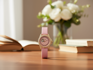 Orologio meccanico Hyf da donna, cinturino in pelle rosa, cassa dorata, quadrante rotondo, movimento analogico, stile elegante, 30 mm - Product Image 2