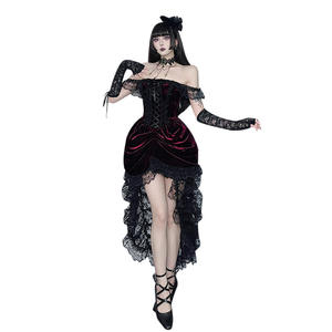 Elegante <span class=keywords><strong>Abito</strong></span> Gotico <span class=keywords><strong>Bordeaux</strong></span> in <span class=keywords><strong>Velluto</strong></span> con Spalle Scoperte, Dettagli in Pizzo Nero e Orlo Asimmetrico - <span class=keywords><strong>Abito</strong></span> da Sera Vittoriano all'Ingrosso - Product Image 5