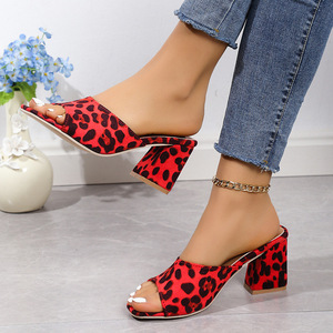 New Fashion Women Leopard Print Slide Sandals Square Toe One Strap <b>Block</b> Heel Casual Large Size Summer Mules - Product Image 3