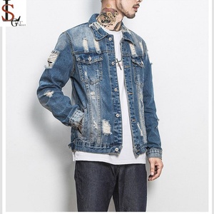 Veste en jean déchirée délavée bleue coupe ajustée à col rabattu grande taille pour homme – Style décontracté et tendance - Product Image 2