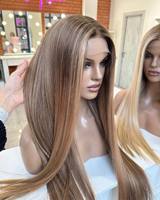 Perruques à clipser en cheveux humains vierges européens à cuticules intactes, longues et lisses, couleur marron cendré avec mèches, densité 150%, avec dentelle suisse à l'avant