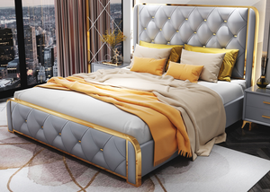 Testiere trapuntate con <span class=keywords><strong>letto</strong></span> di lusso con struttura in acciaio inossidabile dorato per letti singoli in pelle king size con <span class=keywords><strong>letto</strong></span> <span class=keywords><strong>matrimoniale</strong></span> - Product Image 3