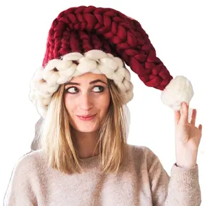 หมวกคริสต์มาส2024หมวกบีนนี่แบบถักสำหรับฤดูหนาวหมวกซานต้าประดับเบียร์ขนาดใหญ่หมวกคริสต์มาส