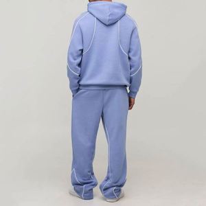 Conjunto Deportivo de Dos Piezas para Hombre, Sudadera con Capucha y Pantalones Deportivos, Estampado Azul Pizarra con Ribete Blanco, 100% Algodón Térmico, 300g, Estilo Urbano, Personalizado - Product Image 2
