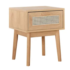 Modern light oak pattern wood bedside cabinet one drawer rattan nightstand cabinet for home decor