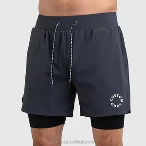 Custom Logo Polyester Spandex Mesh Active Workout Gym Athletic Shorts 2 In 1 Double Layer Built In Pocket Compression Men Shorts