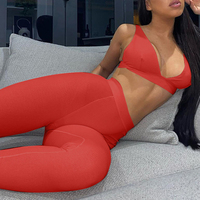 Combinaison côtelée unie de luxe grande taille pour femmes, dos nu, soutien-gorge de sport à décolleté profond, débardeur et pantalon, ensemble 2 pièces, vêtements de sport
