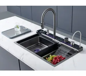 Motai Digital Display brass Pull Out Waterfall Faucet Nano Black Multifunctional Kitchen Sink With Digital Display and light