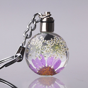 Wholesale Small Fresh Dried Flower Keychain Round Crystal Glass Key Chain Key Ring DIY Accessories Customized