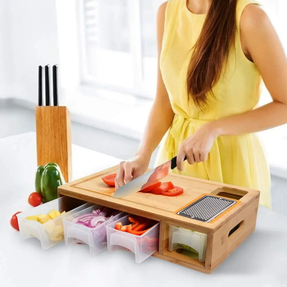 NPOT Bamboo Cutting Board with Containers  Lids  and Graters  Large Wood Chopping Board with Stackable Trays