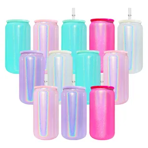 16oz Holographic bia có thể lấp lánh sáng bóng trống thăng hoa 16oz ánh sáng lung linh long lanh thủy tinh có thể với nắp nhựa cho Vinyl tự làm