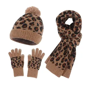 Women Warm Leopard Pattern Design Knit Hat Scarf Gloves Three Sets Warm Wool Hat Set
