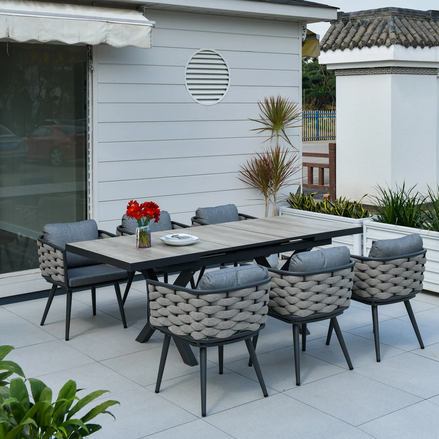 Mesa de comedor extensible de aluminio para jardín, conjunto de muebles de exterior impermeable, expansible, 163-214 cm