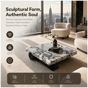 Grande table basse/de salon carrée en marbre style moderne « Ocean <span class=keywords><strong>Storm</strong></span> » pour salon, en pierre naturelle personnalisée avec base en métal - Product Image 1