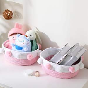 Pliable <span class=keywords><strong>petit</strong></span> rose et blanc jouets maquillage serviette cadeau organisateur Pom Pom décor tissé coton corde <span class=keywords><strong>panier</strong></span> pour salon - Product Image 5
