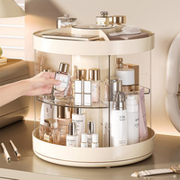 Organizador de Maquillaje Giratorio 360° Blanco Crema, Moderno y Minimalista, Soporte Transparente de Plástico para Cosméticos, Estante para Brochas y Lápices Labiales, a Prueba de Polvo