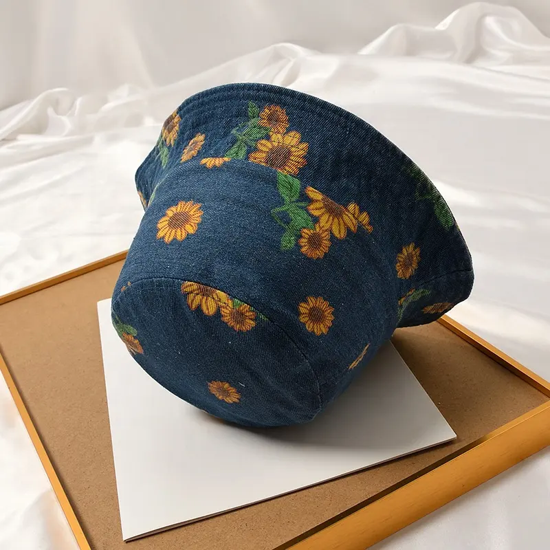 WD-A424 sevimli çocuk ayçiçeği şapkalar Denim malzeme ayçiçeği temalı bebek kova şapka