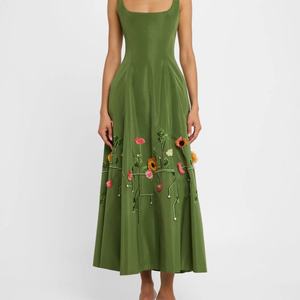 Women's Casual <b>Midi</b> <b>Dress</b> Floral Embroidery Sleeveless <b>with</b> Round Neck & <b>Pockets</b> Sweet Style Natural Waistline Woven Washable - Product Image 3