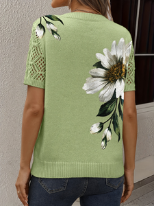 Women's Mint Green Floral Knit Top 2026 Summer V-Neck Short Sleeve Asymmetric <strong>Daisy</strong> Print Sweater Pointelle <strong>Jumper</strong> - Product Image 3