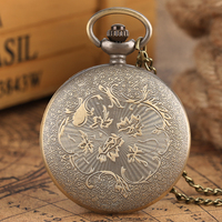 Montre de poche vintage bon marché avec oiseaux de pies-Mouvement à quartz, pendentif en bronze creux Steampunk pour cadeaux de promotion