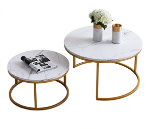 Table basse ronde extensible moderne avec plateau effet marbre et structure en métal, meubles de salon, meubles de maison - Product Image 1
