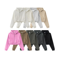 HETH137 Sudadera con capucha de algodón polar corta de 360 g/m² de estilo Y2K vintage a la moda para mujer, con cremallera, logotipo OEM bordado, MOQ bajo