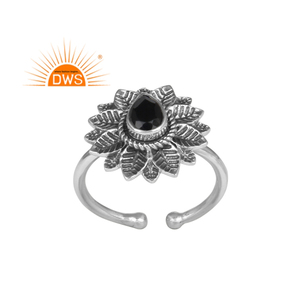 Natural Black Onyx Gemstone <b>Ring</b> <b>Indian</b> Antique Flower Design 925 Sterling Silver <b>Ring</b> Jewelry Wholesale - Product Image 1