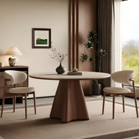Table à manger ronde en pierre frittée de style Mid-Century, base en bois massif évasée, style Wabi Sabi, pour salle à manger