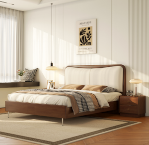 Minimalist Oak Queen Bed <b>Frame</b> with Upholstered Headboard and Plywood Panel Design - Product Image 4