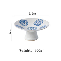 Fabrikant OEM op maat gemaakte dessertbord met steelvormig design voor gebak, fruitsalade, pudding, handgeschilderd blauw geglazuurd keramiek dessertbord