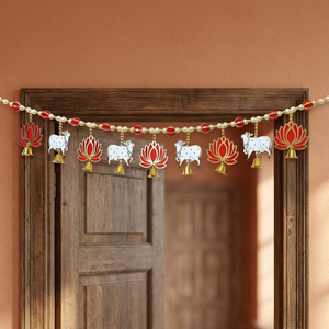 Traditional Metal Diwali Garland with Lotus and Cow Motifs for Home Entryway <b>Decor</b> - Product Image 1