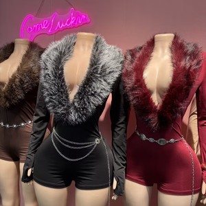 कॉमेलुकिन फैशन सेक्सी महिलाओं गहरी v गर्दन के फर एक टुकड़ा प्लेसूट जुम्पर - Product Image 4