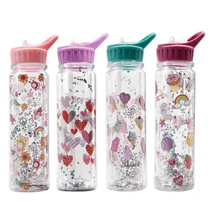 Ice Cream Donut Cute Print Shiny Portable Handle Double Wall Reusable Plastic Drinking Children's Water Bottle With Straw