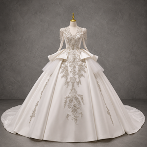 Vestido de Novia de Gala con Cuello Alto, Manga Larga, Cristales, Volantes, Satén, Tallas Grandes, Estilo Princesa, Flores Personalizadas, para Madre de la Novia - Product Image 2
