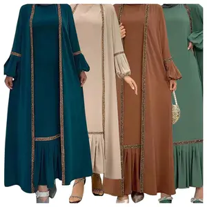 Premium 2 Peças Set Islâmica Robe E Vestido Interno Kimono Cardigan Lantejoula Musselina Mulheres Vestido Árabe Anti-pilling Aberto Abaya